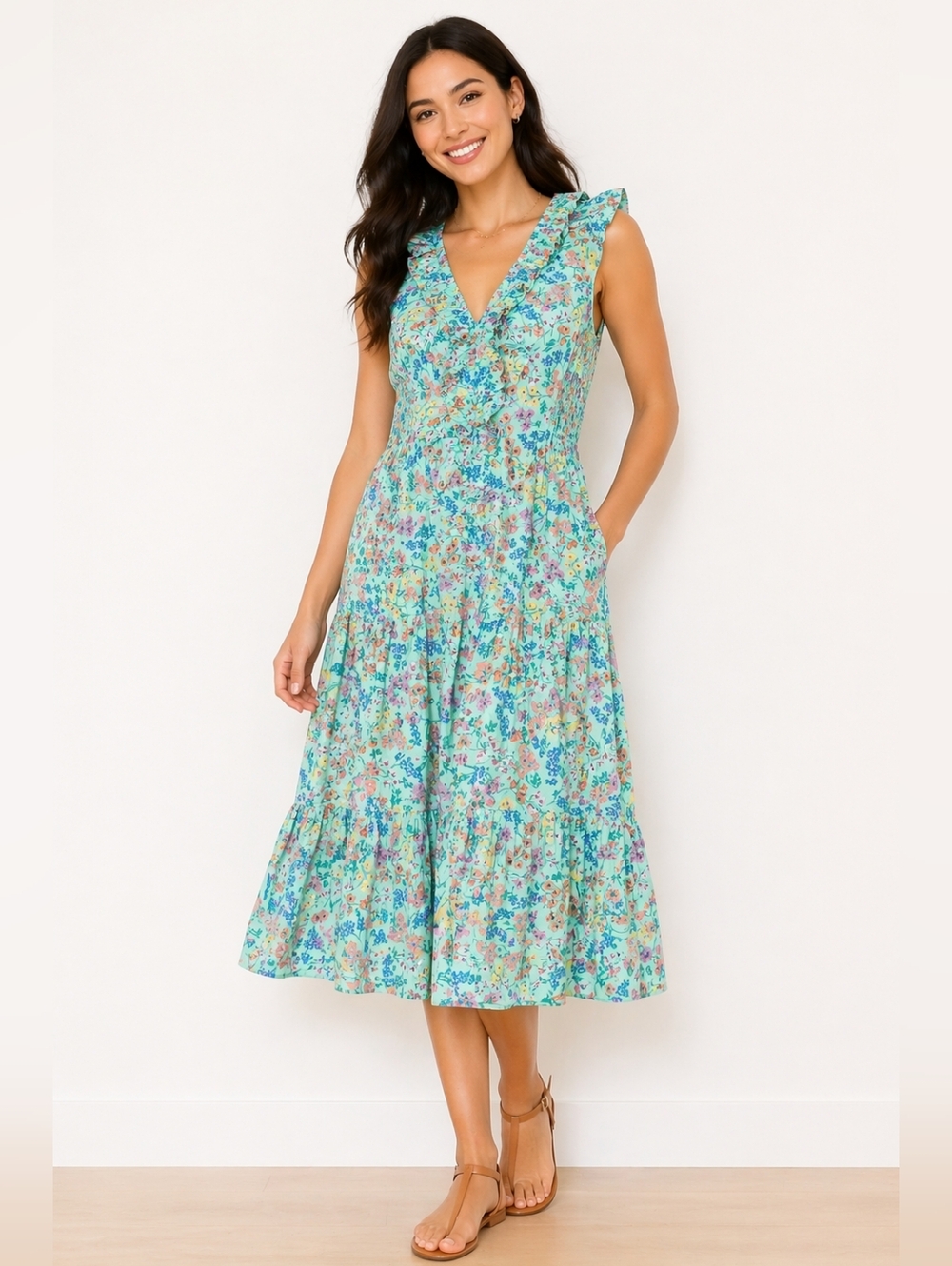 J. Crew Teal Floral V-Neck Ruffle Front Midi Dress Sz 00 Mommy & Me
